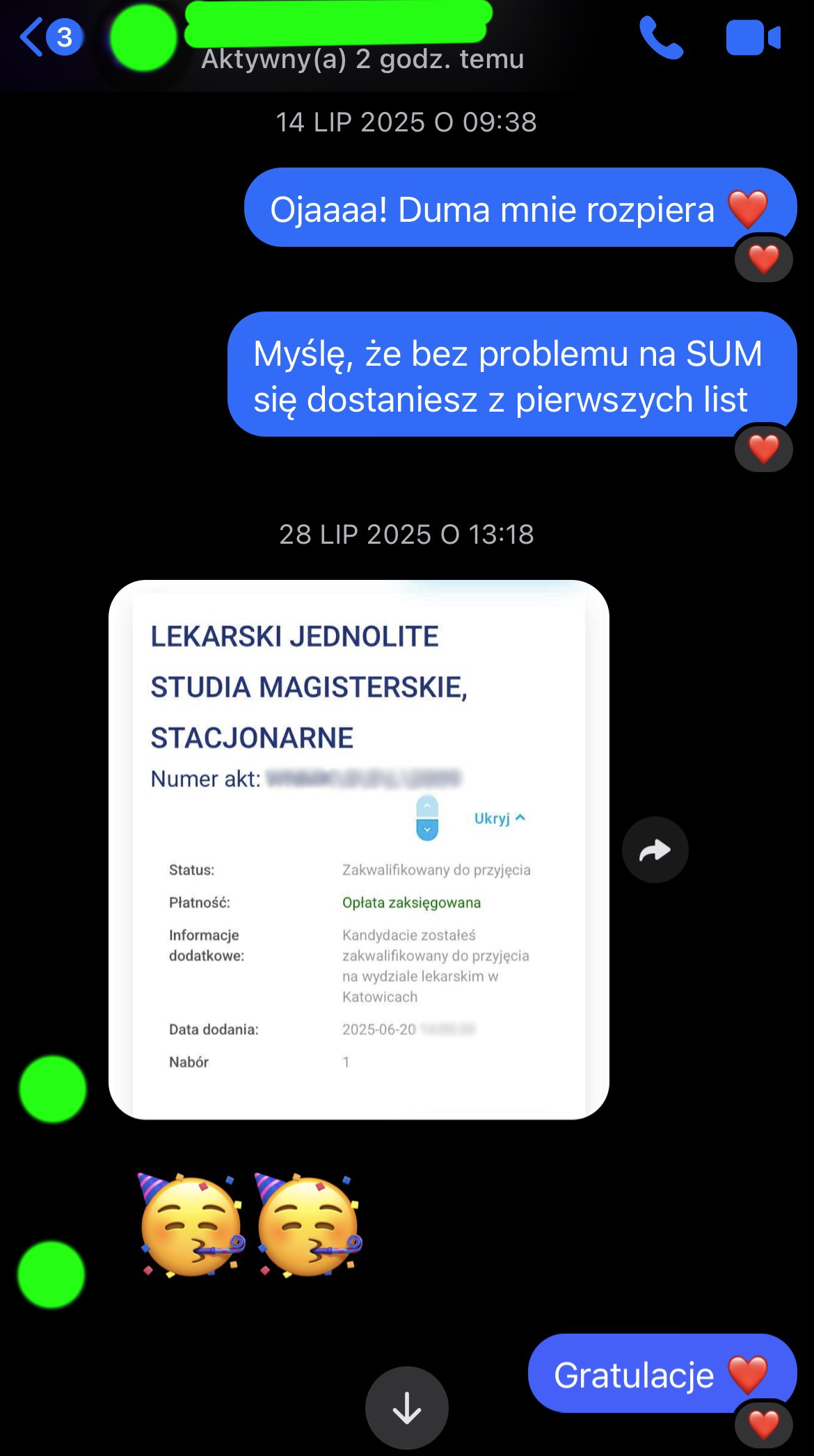 Zrzut ekranu wiadomości od uczennicy, która pokazuje potwierdzenie rekrutacji na kierunek lekarski, jednolite studia magisterskie stacjonarne w Katowicach, ze statusem zakwalifikowany do przyjęcia