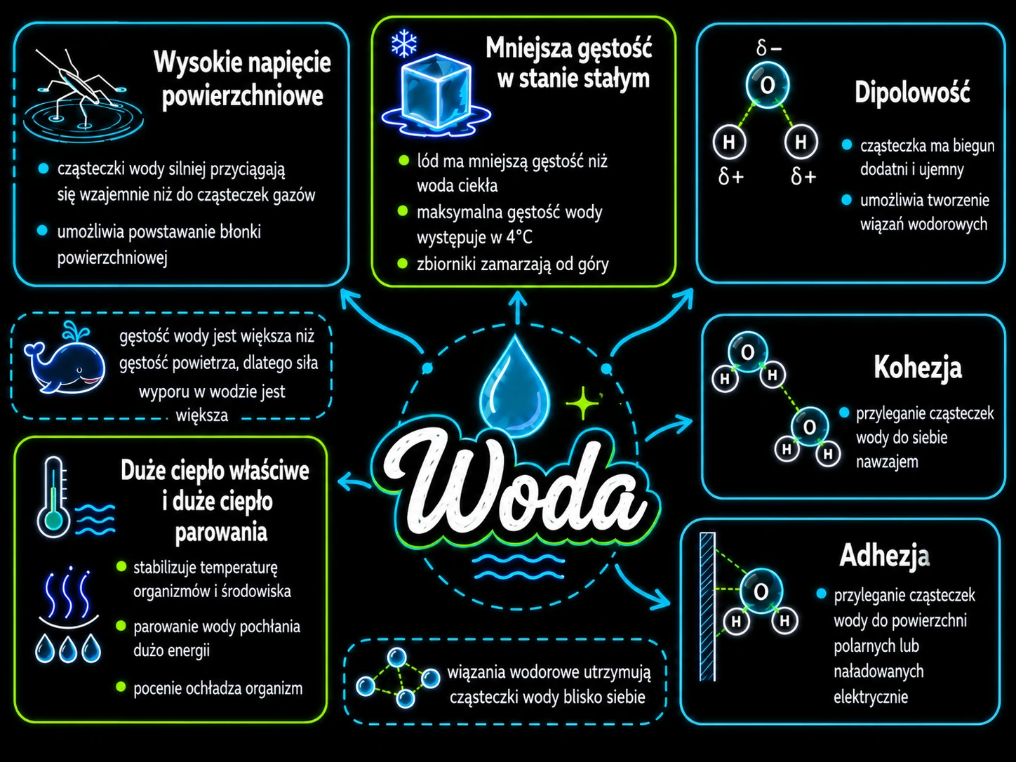 Mapa myśli: Woda, czarne tło, na ekran